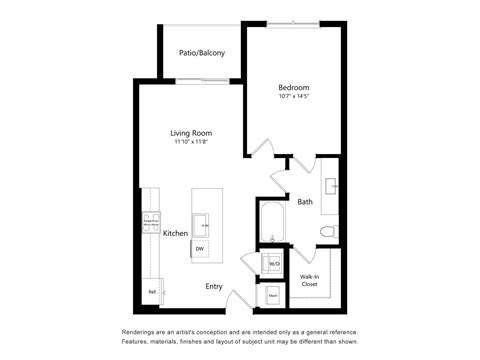 A floor plan of a house with a living room, kitchen, bath, and two bedrooms.